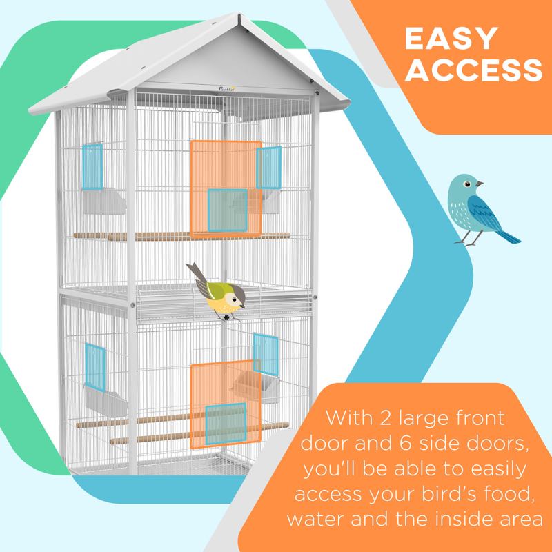 PawHut Budgie Cage with Rolling Stand, Perches, Wheels, Large Parrot Cage for Finch, Canary, Budgie, Cockatiel, White