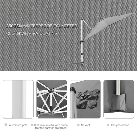 Outsunny 3 x 3(m) Cantilever Roma Parasol, Square Garden Umbrella with Cross Base, Crank Handle, Tilt, 360 Rotation and Aluminium Frame, Grey