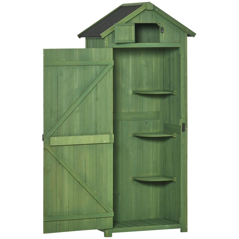 Outsunny Wooden Garden Shed, Utility Outdoor Small Shed with Lockable Double Doors, Shelves and Roof Hatch, Dark Green