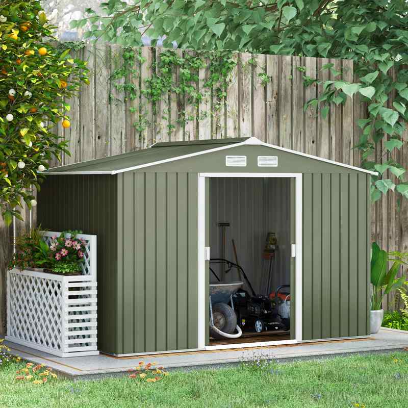 Outsunny 9 x 6ft Metal Garden Shed, Outdoor Storage Tool House with Ventilation Slots, Foundation Kit and Lockable Double Doors, Light Green