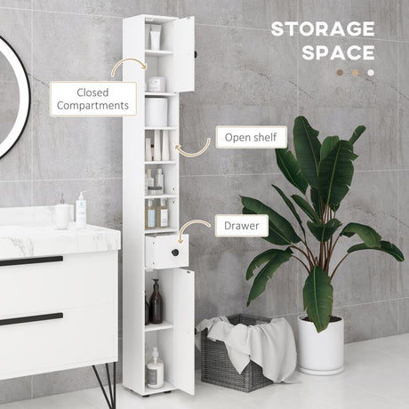 kleankin 180cm Tall Bathroom Cabinet, Slim Bathroom Storage Cabinet with 4 Open Shelves, 2 Door Cupboards and Adjustable Shelves, White