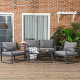 Outsunny 4 Pieces Garden Sofa Set 2 Single Armchair 1 Bench & Side Table Set Aluminium Frame Patio Furniture with Cushions Grey