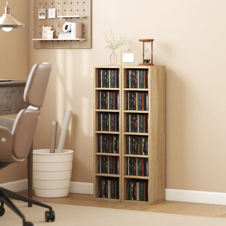 HOMCOM Set of 2 CD Media Display Shelf Unit Tower Rack with Adjustable Shelves, Oak