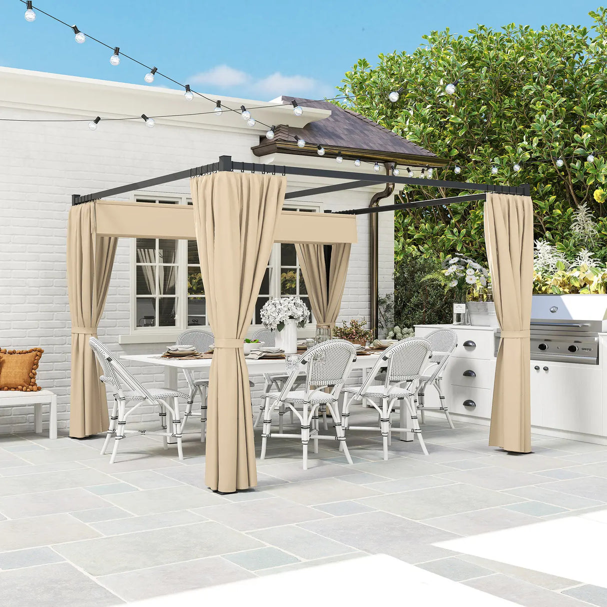 Outsunny 3 x 3m Retractable Roof Pergola, with Curtains - Khaki
