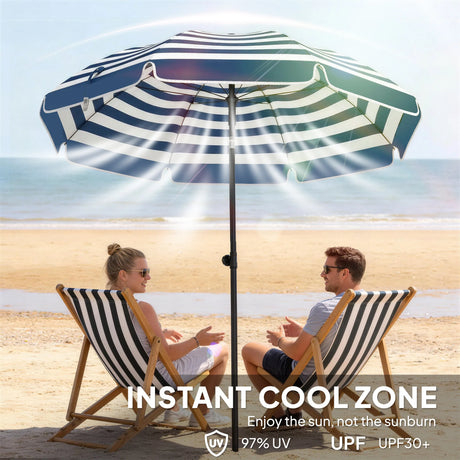 Outsunny 1.8 m Beach Umbrella Parasol with Sand Anchor, Portable 30 Tilting Patio Sun Shade with Adjustable Height, Blue/White