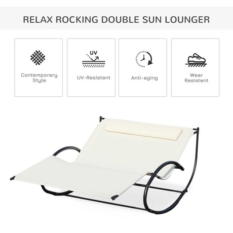 Outsunny Double Sun Lounger, Rocking Lounger Sunbed Daybed with Armrest and Headrest Pillow, for Two, For Outdoor Patio Garden, Cream White