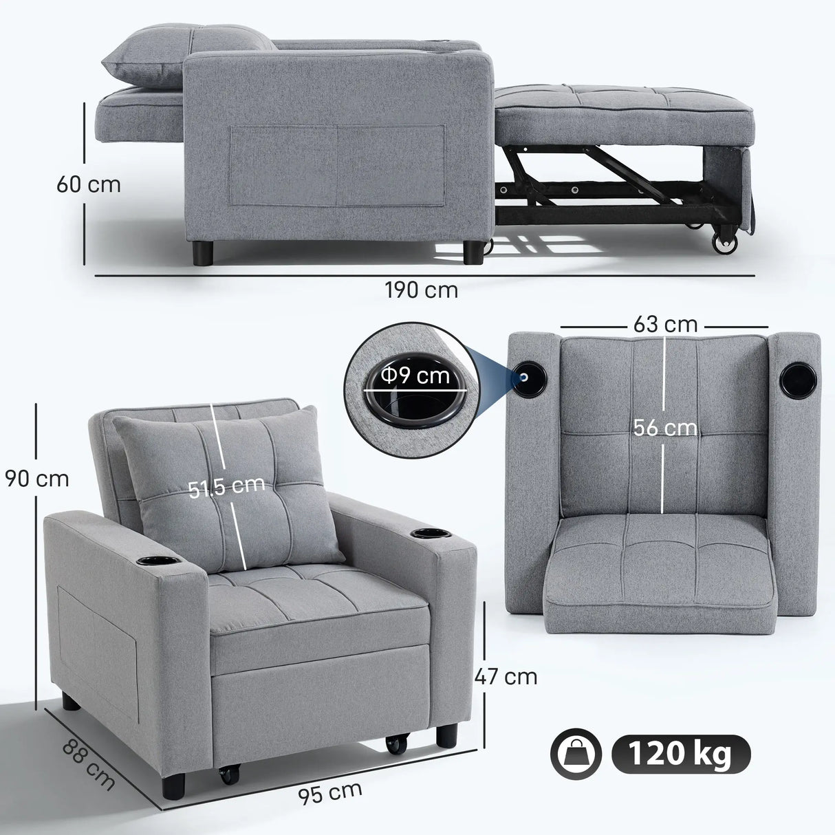 HOMCOM 3-in-1 Single Sofa Bed, Convertible Sleeper Chair Bed - Light Grey