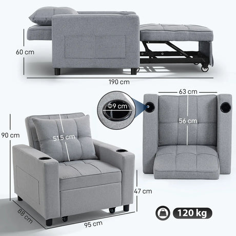 HOMCOM 3-in-1 Single Sofa Bed, Convertible Sleeper Chair Bed - Light Grey