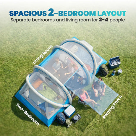 Outsunny Inflatable Tent 2 Bedroom 3000mm Waterproof Windproof Air Tent with Carry Bag for 4 Person