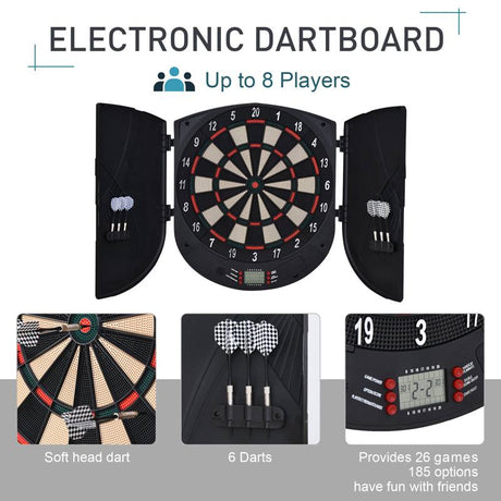 HOMCOM  Electronic Dartboard Set 26 Games and 185 Variations with 6 Darts and Cabinet to Stroage Multi-Game Option Ready-to-Play