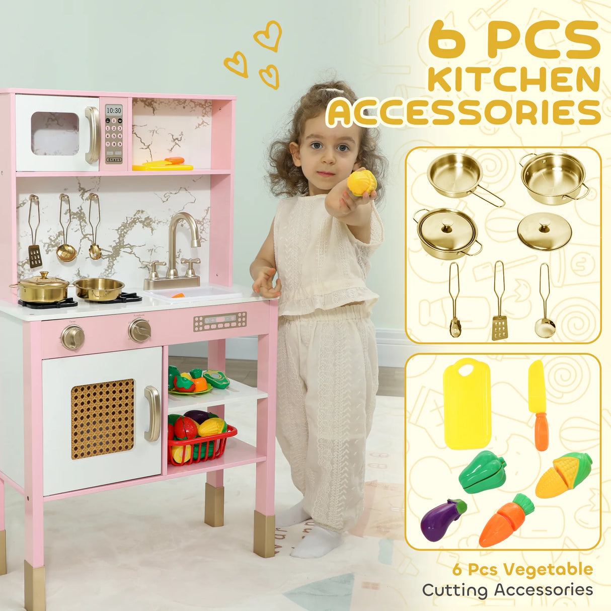 AIYAPLAY Kitchen Playset with Pretend Play Cooking Accessories, Play Kitchen with Oven, Microwave and Sink, Pink