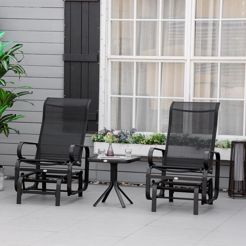 Outsunny 3 Pieces Garden Gliding Chair Set, Metal Frame 2 Single Armchair Swing Seater and 1 Glass Top Coffee Table w/ Breath Mesh Fabric Seat, Black