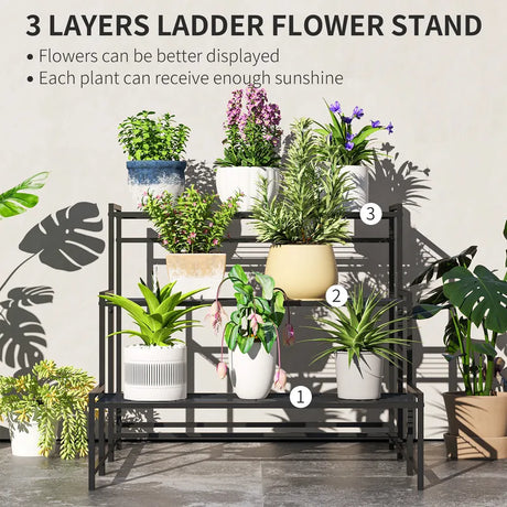 Outsunny Three-Tier Metal Plant Shelf - Black