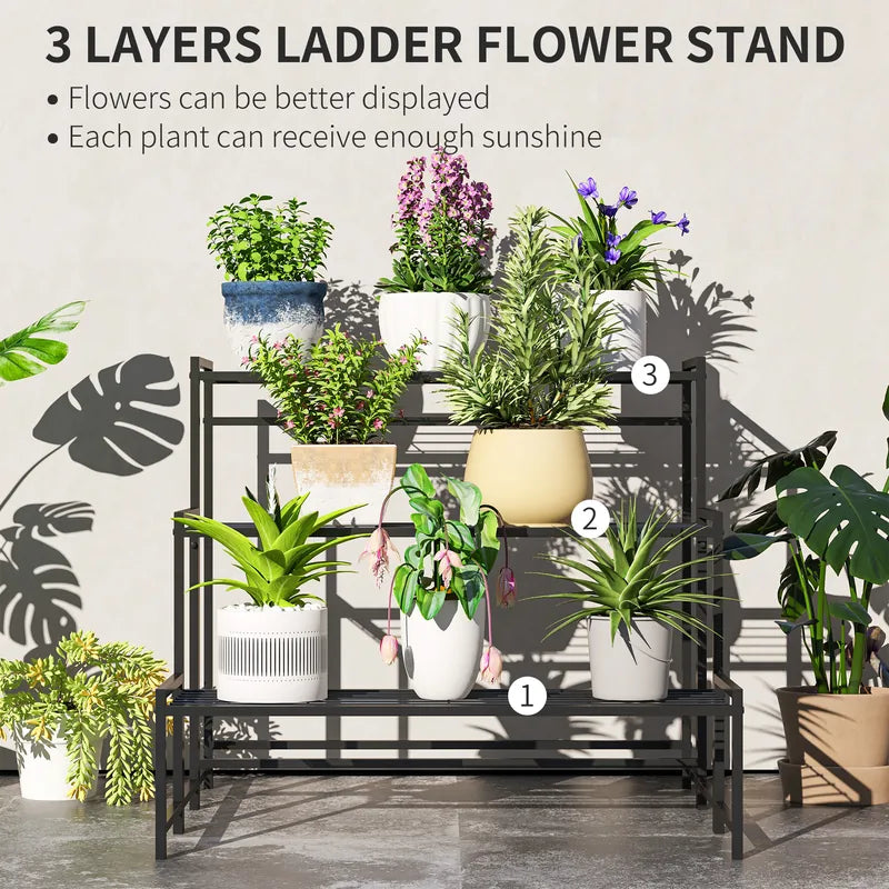 Outsunny Three-Tier Metal Plant Shelf - Black