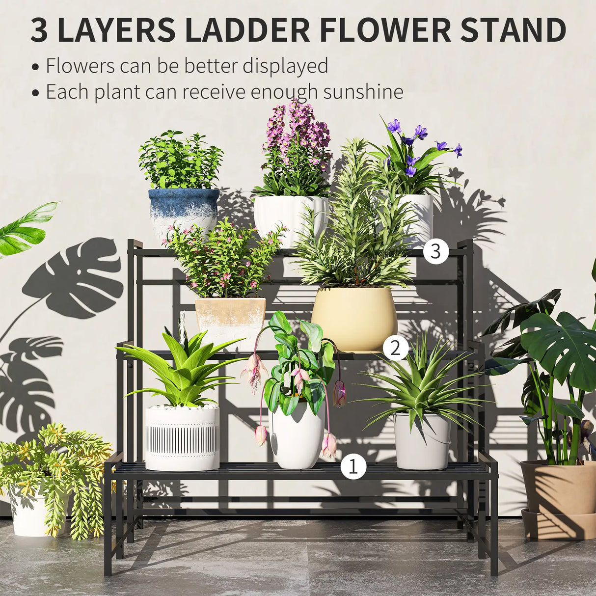 Outsunny Three-Tier Metal Plant Shelf - Black