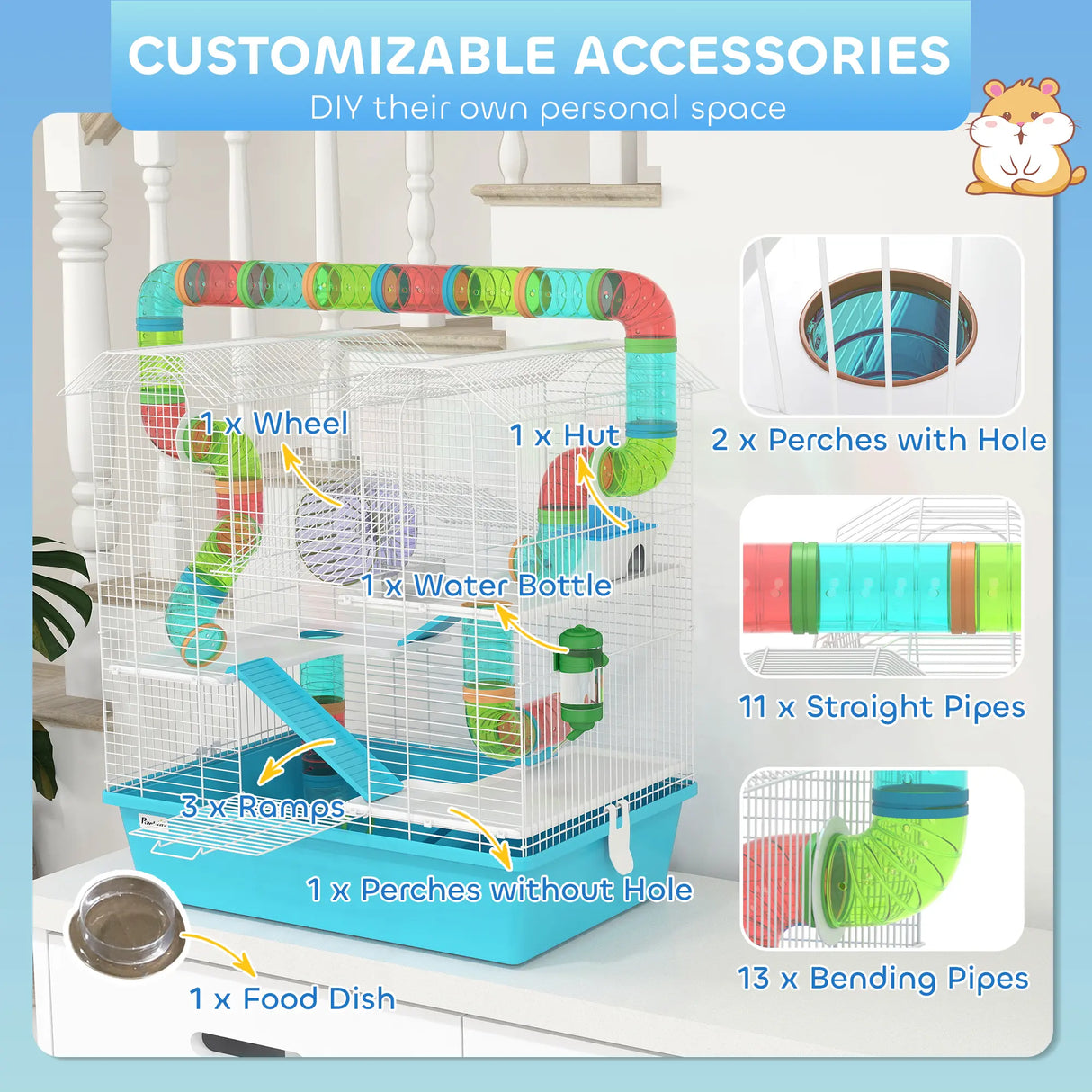 PawHut 4 Tier Hamster Cage w/ Tubes, Exercise Wheel, Hut, Water Bottle, Food Dish, Ramps, for Dwarf Hamster, Light Blue