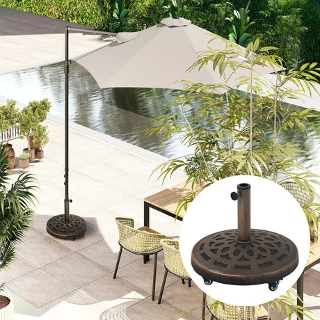 Outsunny 21kg Resin Garden Parasol Base with Wheels, Round Umbrella Stand, Heavy Duty Sun Umbrella Base for 32, 38, 48 mm Umbrella Poles for Deck Poolside, Bronze Tone