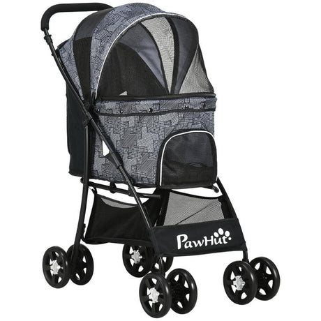 PawHut Foldable Pet Stroller for Dogs, Puppy Stroller, with Large Carriage, Brakes, Canopy - Grey