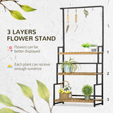 Outsunny 3 Tiered Plant Stand with Hanging Hooks, Flower Rack Shelf for Indoor Outdoor Porch Balcony Living Room Bedroom