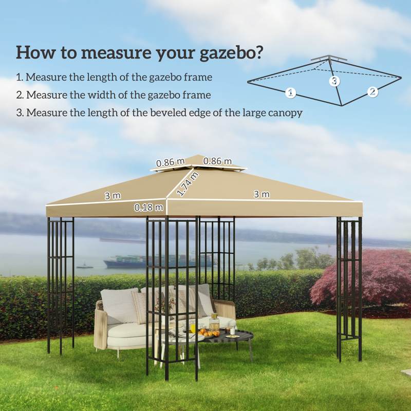 Outsunny 3(m) Gazebo Top Cover Double Tier Canopy Replacement Pavilion Roof Deep Beige