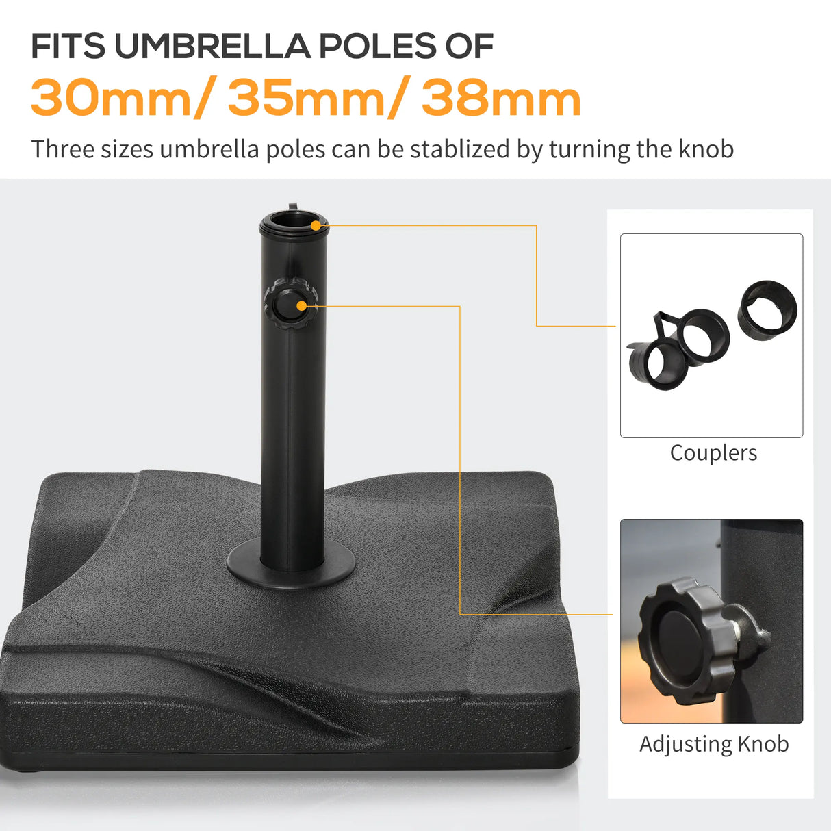 Outsunny 20kg Square Parasol Base Outdoor Garden Cement Umbrella Weight Stand Holder, Fits 32mm,38mm,48mm Pole - Black