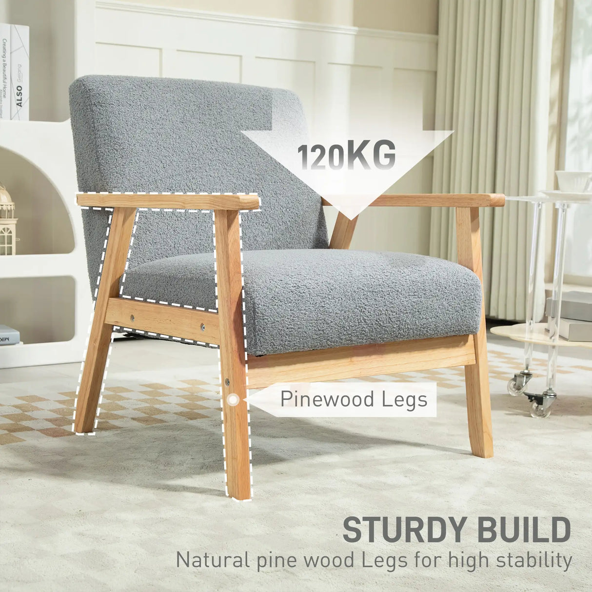 HOMCOM Modern Armchair, Cashmere Upholstered Sofa with Solid Wood Legs and Wide Seat, Accent Chair for Living Room Bedroom Office, Grey