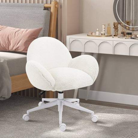 HOMCOM Makeup Vanity Chair, Cute Fluffy Desk Chair with Rolling Wheels for Bedroom Living Room, Cream White