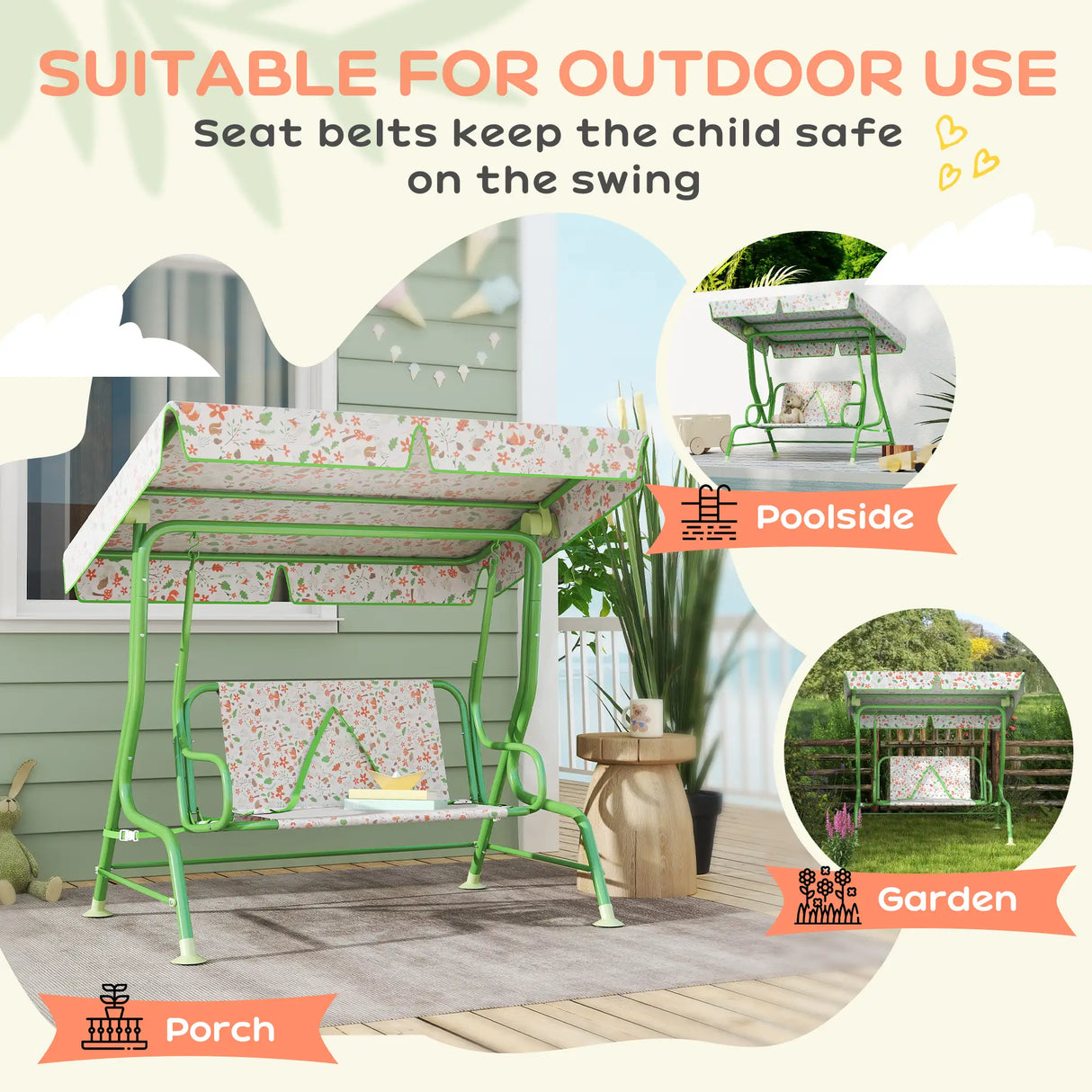 AIYAPLAY Kids Garden Swing Chair with Adjustable Canopy, Safety Belt, 2 Seater Hammock Swing Bench for Patio, Porch, Green