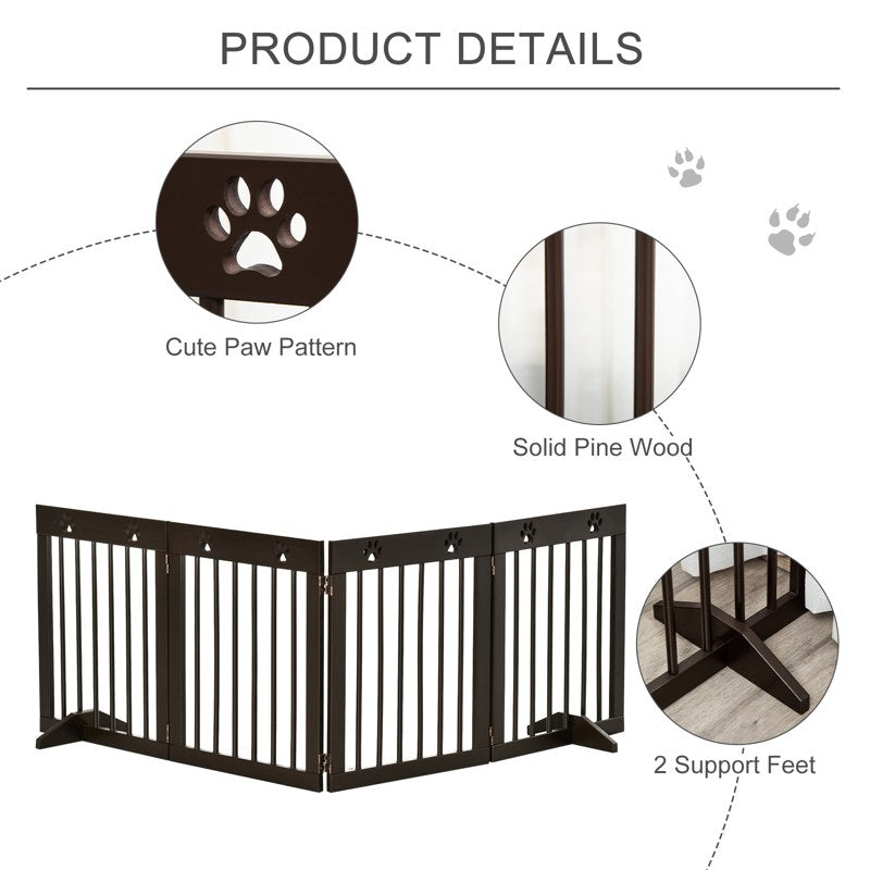 PawHut Freestanding Pet Gate 4 Panel Wooden Dog Barrier Folding Safety Fence with Support Feet up to 204cm Long 61cm Tall for Doorway Stairs Brown