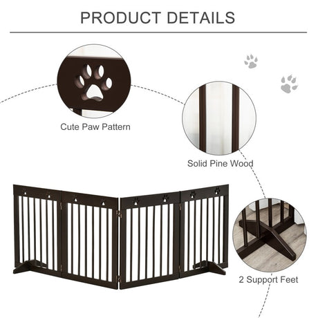 PawHut Freestanding Pet Gate 4 Panel Wooden Dog Barrier Folding Safety Fence with Support Feet up to 204cm Long 61cm Tall for Doorway Stairs Brown