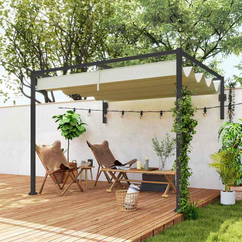 Outsunny 2 x 3(m) Lean To Steel Pergola, with Moving Fabric Canopy - Khaki