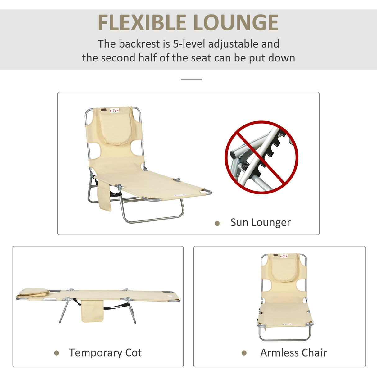 Outsunny Foldable Sun Lounger, Beach Chaise Lounge with Reading Hole, Arm Slots, 5-Position Adjustable Backrest, Side Pocket, Pillow for Garden, Beach, Pool, Beige