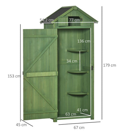 Outsunny Wooden Garden Shed, Utility Outdoor Small Shed with Lockable Double Doors, Shelves and Roof Hatch, Dark Green