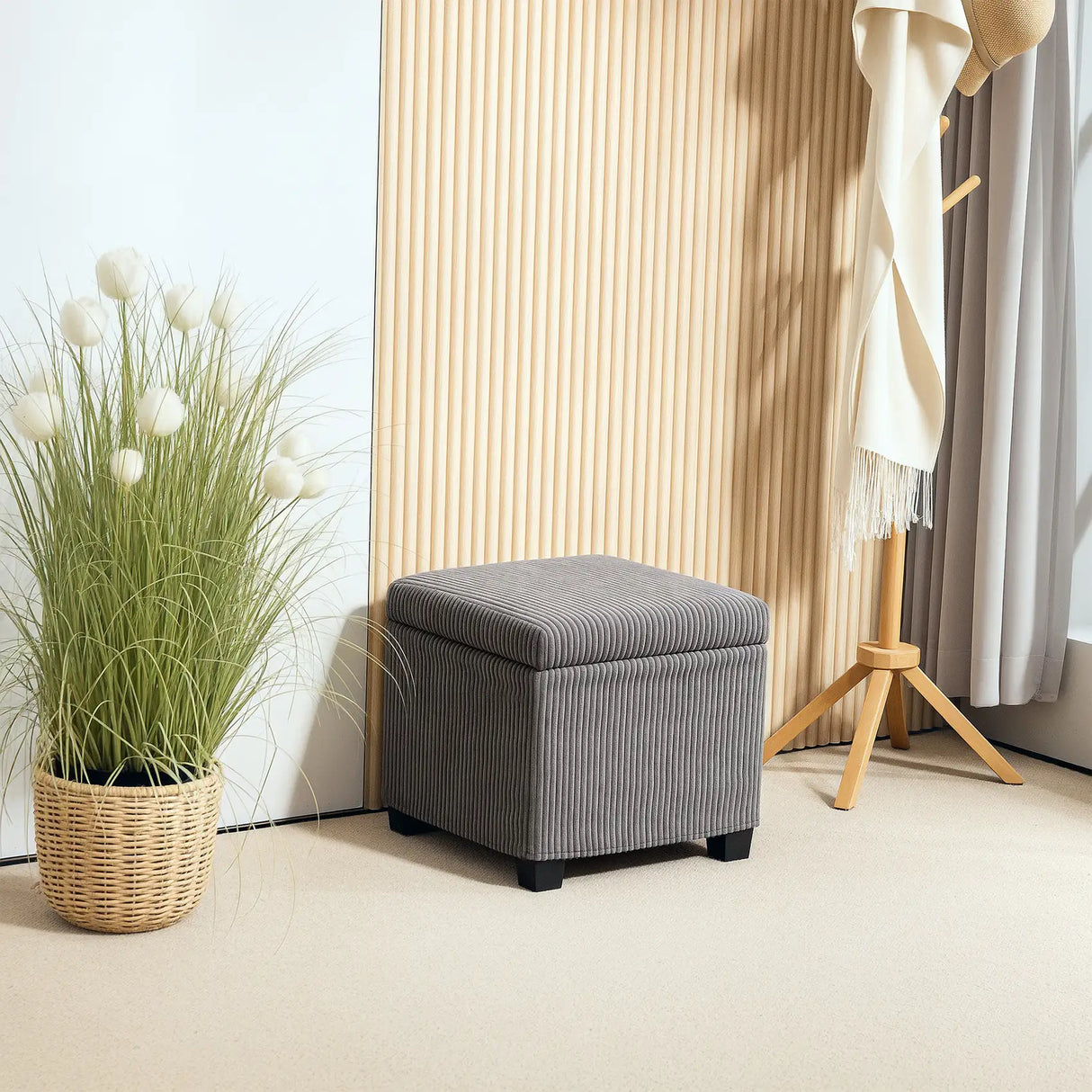 HOMCOM Storage Ottoman Bench, Corduroy Footstool with Removable Lid and Legs, 40cm Storage Chest Box for Living Room, Bedroom, Hallway, Grey