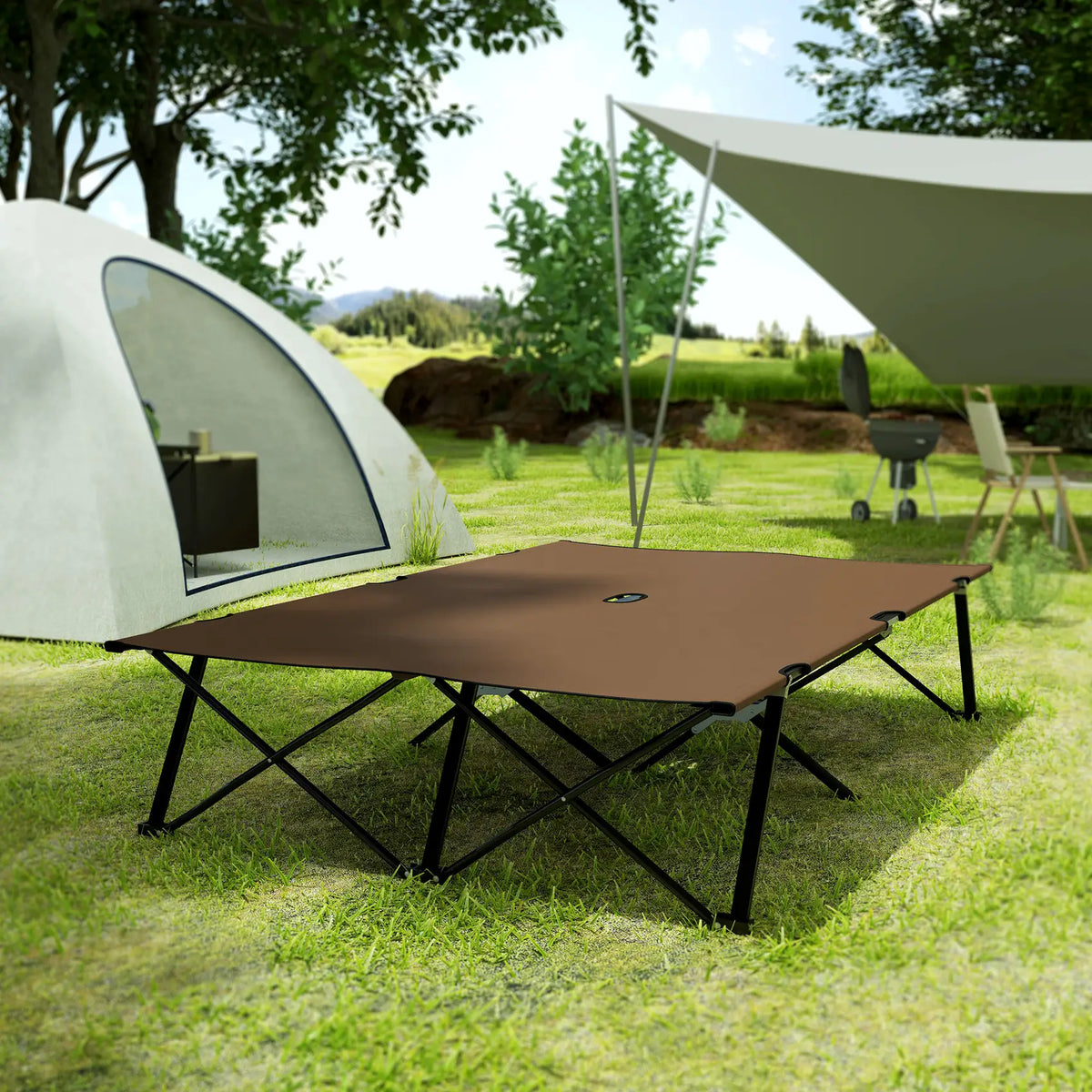 Outsunny Double Camping Cot Bed, with Bag - Khaki