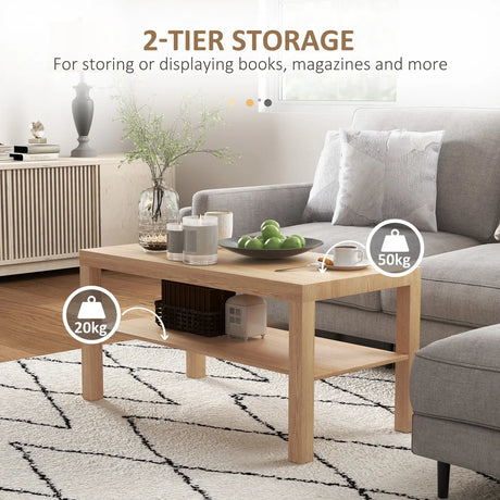 HOMCOM 2-Tier Coffee Table with Storage Shelf, Rectangular Centre Table for Living Room, Home Office, Natural Wood Finish