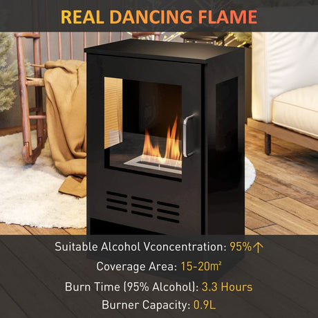 HOMCOM Ethanol Fireplace Stove with Shelf, Freestanding Bioethanol Fire, Indoor Ethanol Burner with 0.9 Litres Volume, Burns for Up to 3.3 Hours, 27 Inch, Black