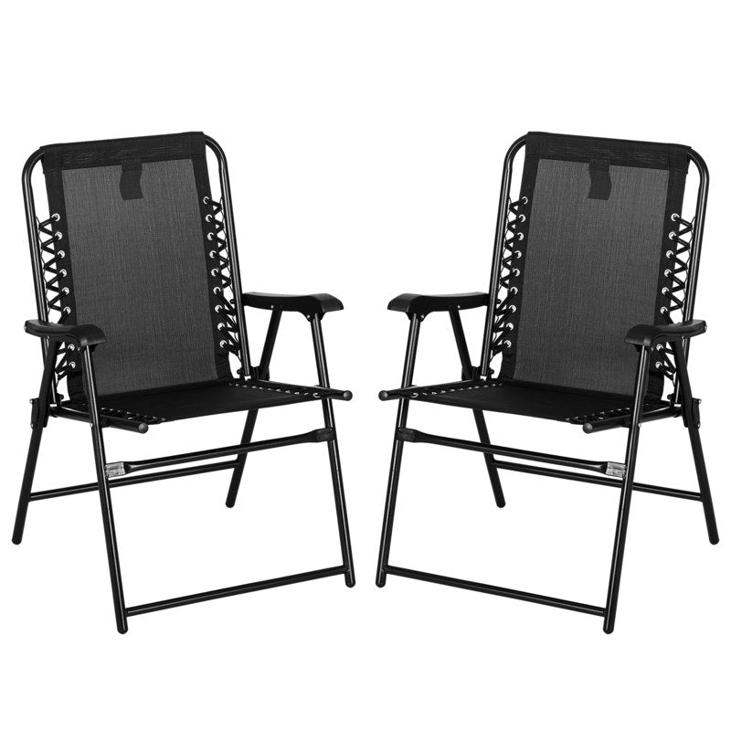 Outsunny 2 Pcs Patio Folding Chair Set, Outdoor Portable Loungers for Camping Pool Beach Deck, Lawn w/ Armrest Steel Frame Black