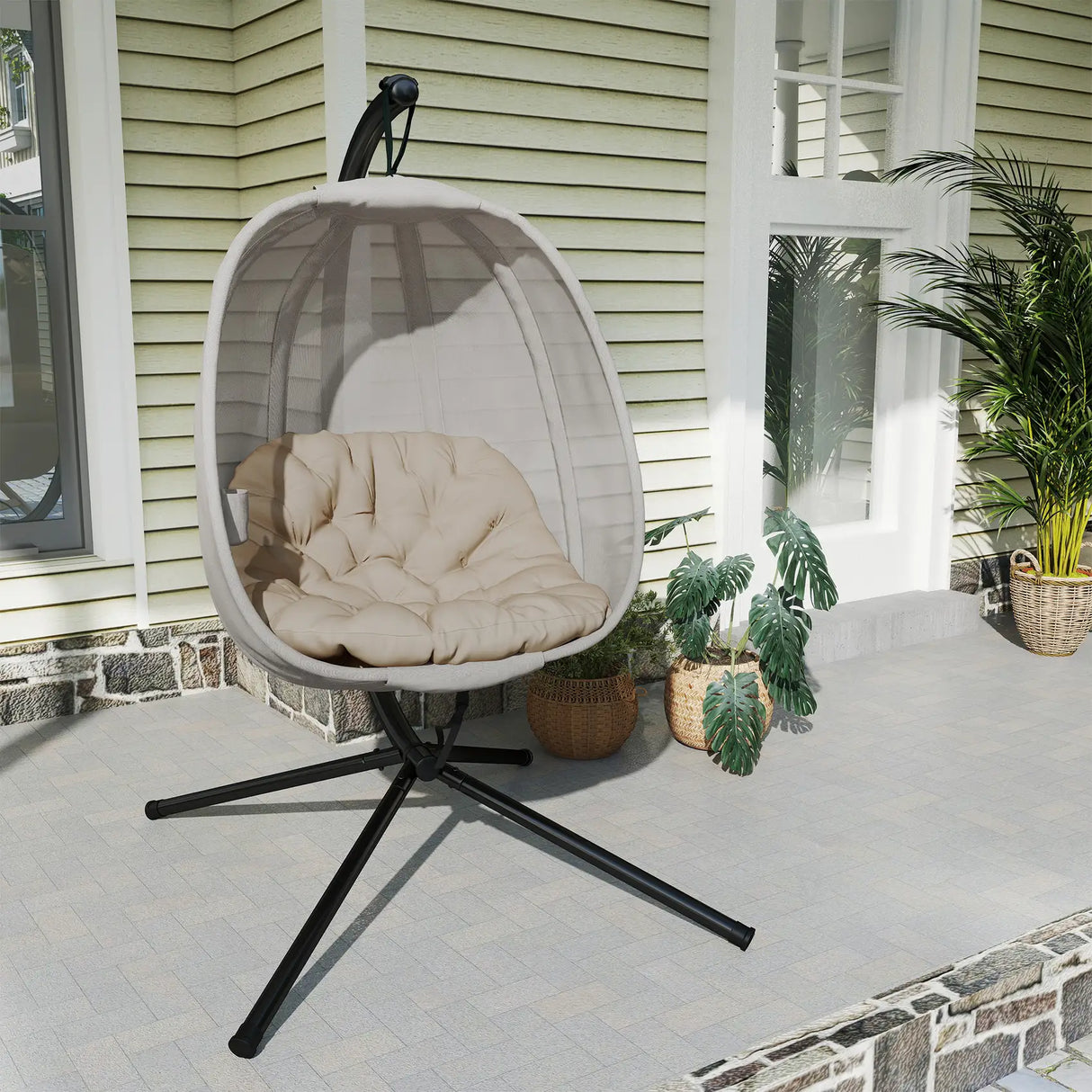 Outsunny Hanging Egg Chair, Folding Texteline Swing Hammock with Side Pocket, Cushion and Stand for Indoor Outdoor, Patio Garden Furniture, Khaki