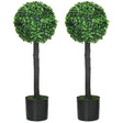 HOMCOM Set of 2 Artificial Plants Boxwood Ball Trees in Pot Fake Plants for Home Indoor Outdoor Decor, 20x20x60cm, Green