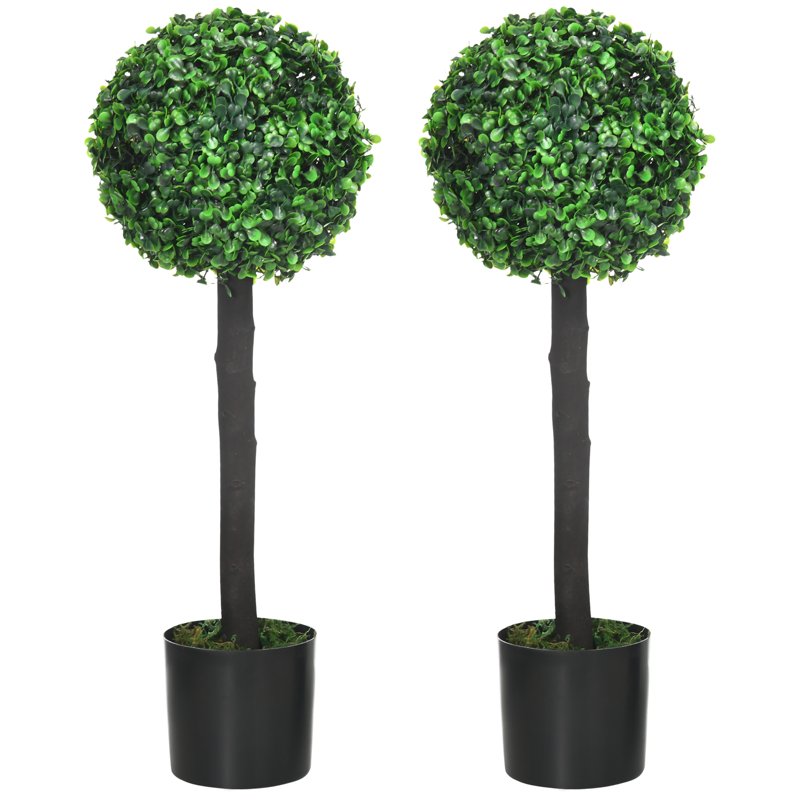 HOMCOM Set of 2 Artificial Plants Boxwood Ball Trees in Pot Fake Plants for Home Indoor Outdoor Decor, 20x20x60cm, Green