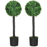 HOMCOM Set of 2 Artificial Plants Boxwood Ball Trees in Pot Fake Plants for Home Indoor Outdoor Decor, 20x20x60cm, Green