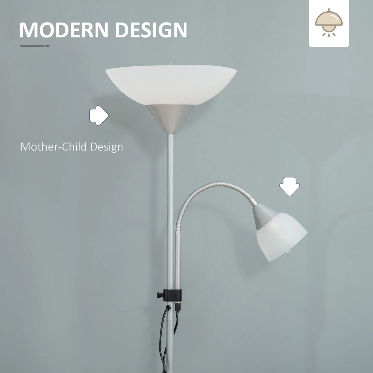 HOMCOM LED Floor Lamp for Living Room, 180cm Tall Standing Lamp, Mother and Child Uplighter with Adjustable Gooseneck, Silver Tone