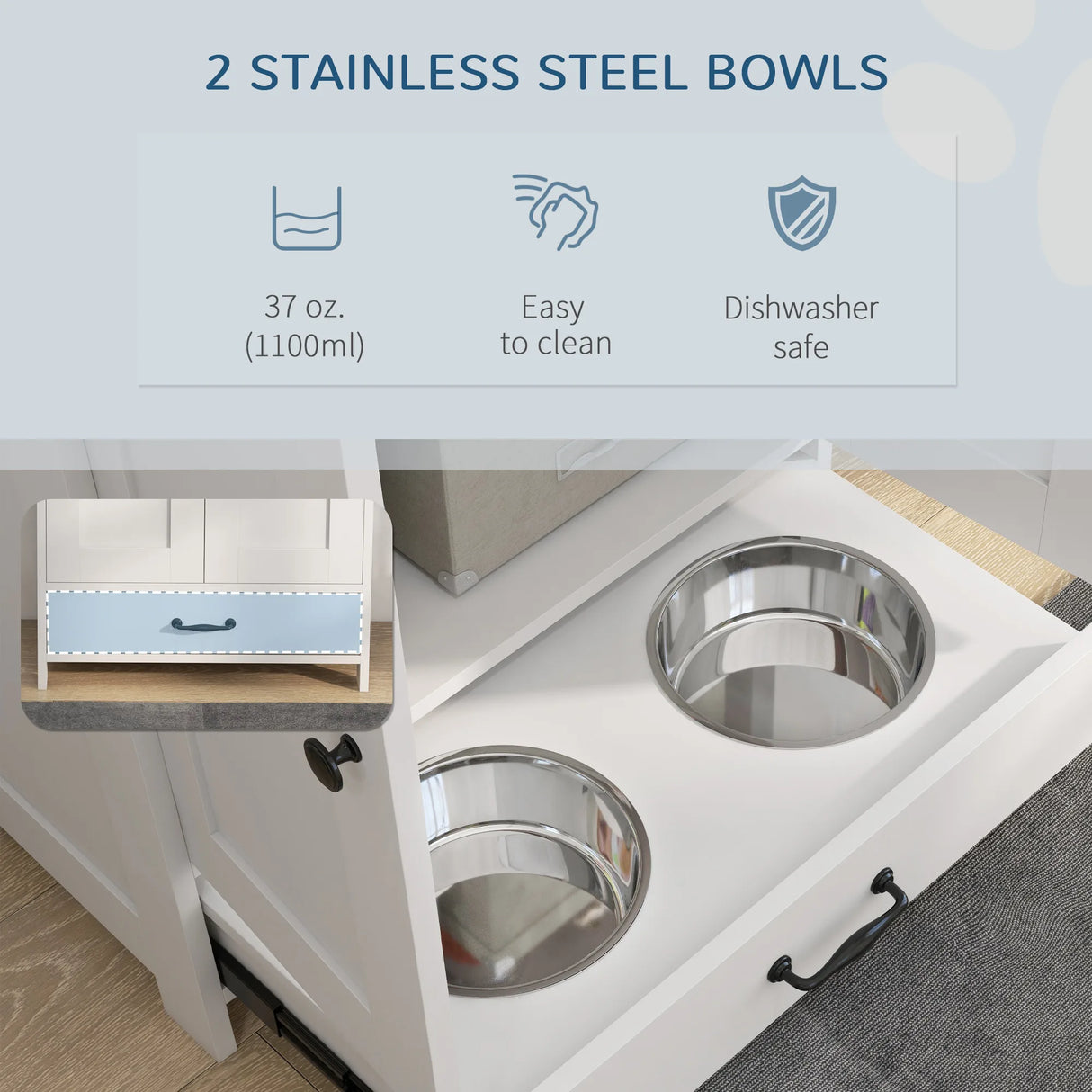 PawHut Pet Feeding Station with Raised Dog Bowls, Adjustable Panel, Hooks, White