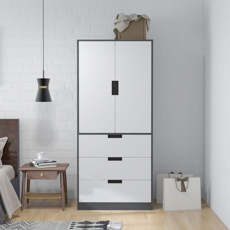 HOMCOM 2 Door Wardrobe, Modern Wardrobe with 3 Drawers and Hanging Rod for Bedroom, Grey