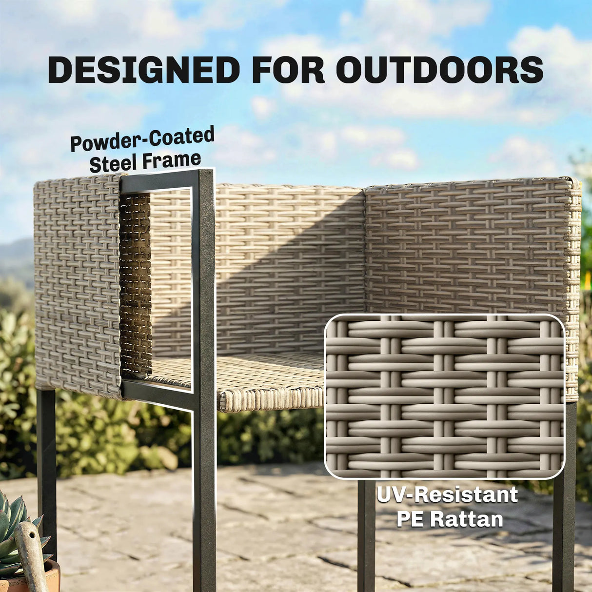 Outsunny 7 Piece Rattan Garden Furniture Set, Garden Dining Set with Wood-Plastic Table and 6 Stackable Chairs, Light Grey