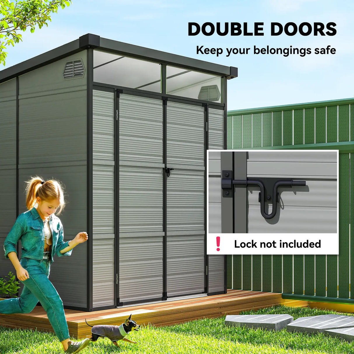 Outsunny 6 x 6ft Outdoor Storage Shed, Plastic Garden Shed with Windows and Air Vents, Outdoor Resin Tool Shed with Latch Doors for Garden, Deck, Light Grey