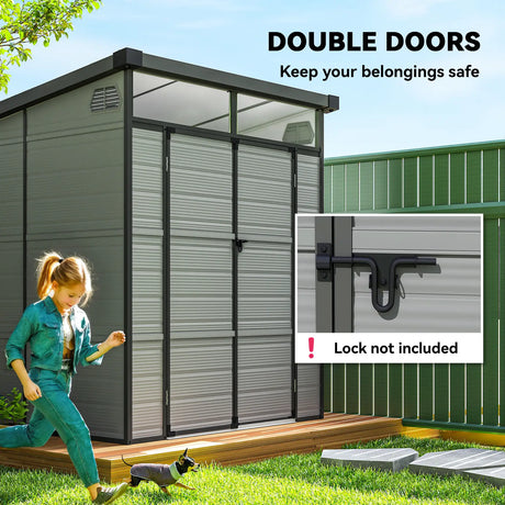 Outsunny 6 x 6ft Outdoor Storage Shed, Plastic Garden Shed with Windows and Air Vents, Outdoor Resin Tool Shed with Latch Doors for Garden, Deck, Light Grey