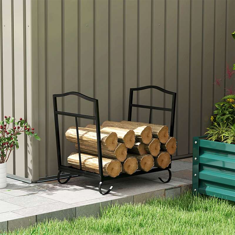 Outsunny Metal Firewood Log Holder Indoor Outdoor Folding Firewood Rack Fireplace Wood Storage Shelf w/ Scrolls, Rust-Resistant, Black, 48L x 34W x 37Hcm