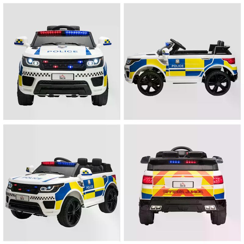 HOMCOM 12V Kids Electric Ride On Police Car 2 Motors with Parental Remote Control Siren Flashing Lights USB Portable for 3-6 Years White